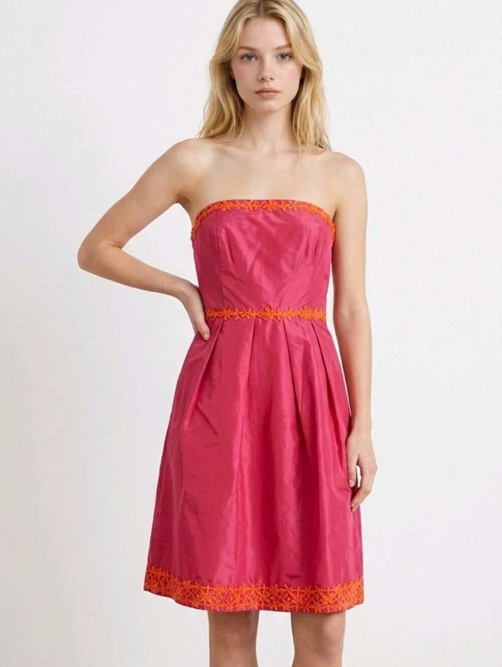 NWT J. Crew Strapless Pink Tafetta Dress with Orange Trim ~sz 2